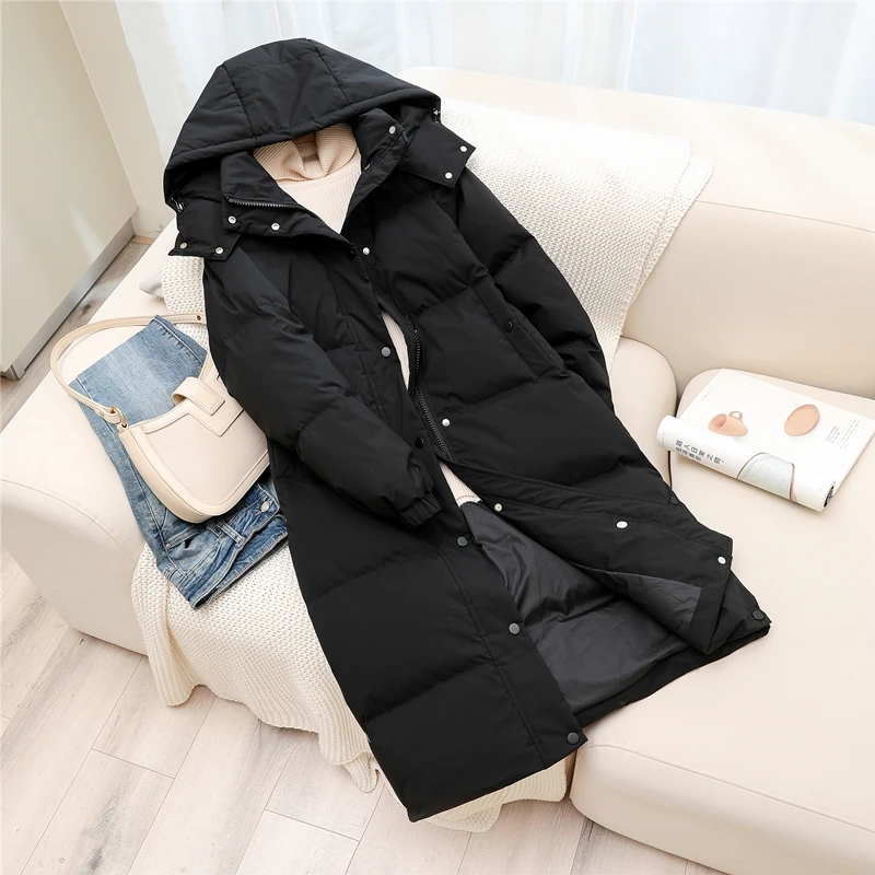 

Women Long Down Jacket Ultra Light White Duck Down Hat Detachable Jacket Thick Slim Coat Female Korean Winter Clothing A147
