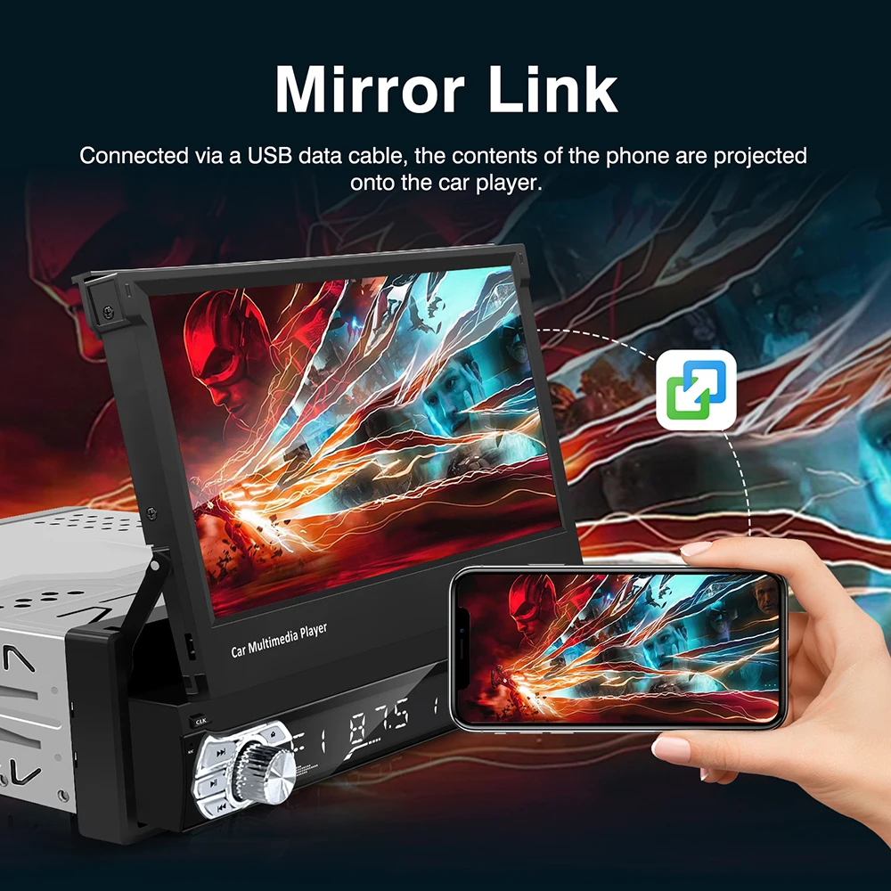 Reproductor Universal Carplay Android Auto 1 Din MP5 pantalla táctil retráctil automática Manual de 7 pulgadas reproductor de coche Radio FM enlace de espejo 2