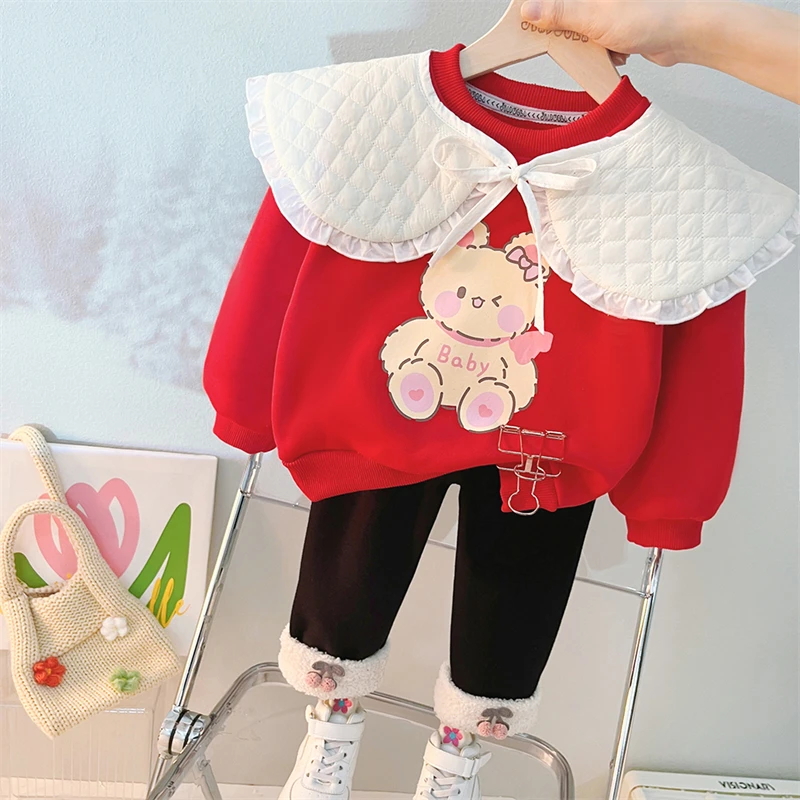 

Winter Children Clothing Sets kids Sportswear Baby Girls Plush Sweater Pants 2 Pieces Suit Cartoon Bear Infant Clothes Outfits