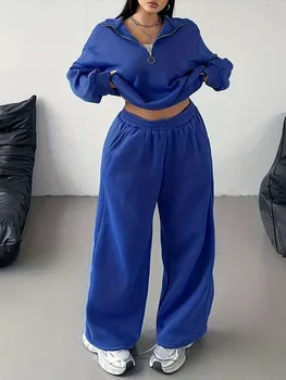 Winter Long Sleeve Sports Set Ladies Pullover Top and Pants Sets Royal Blue Casual Plus Size Tracksuits for Woman 4xl 5xl