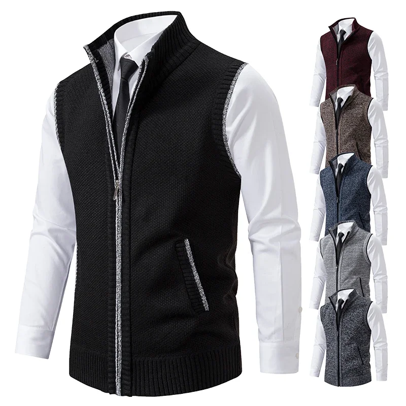 Men Sweater Vests Mens Knitted Vest Vest Men Knitted Sleeveless Sweater Jacket Wool Velvet Zipper Cardigan Turn-down Pullovers Turtleneck Sweatercoat Knit Waistcoat