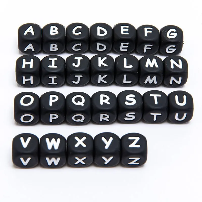 

20pc 12MM Black Silicon Letters Beads Baby Teether Alphabet Food Grade Perle Silicone Beads DIY Teething Necklace Bracelet Kids