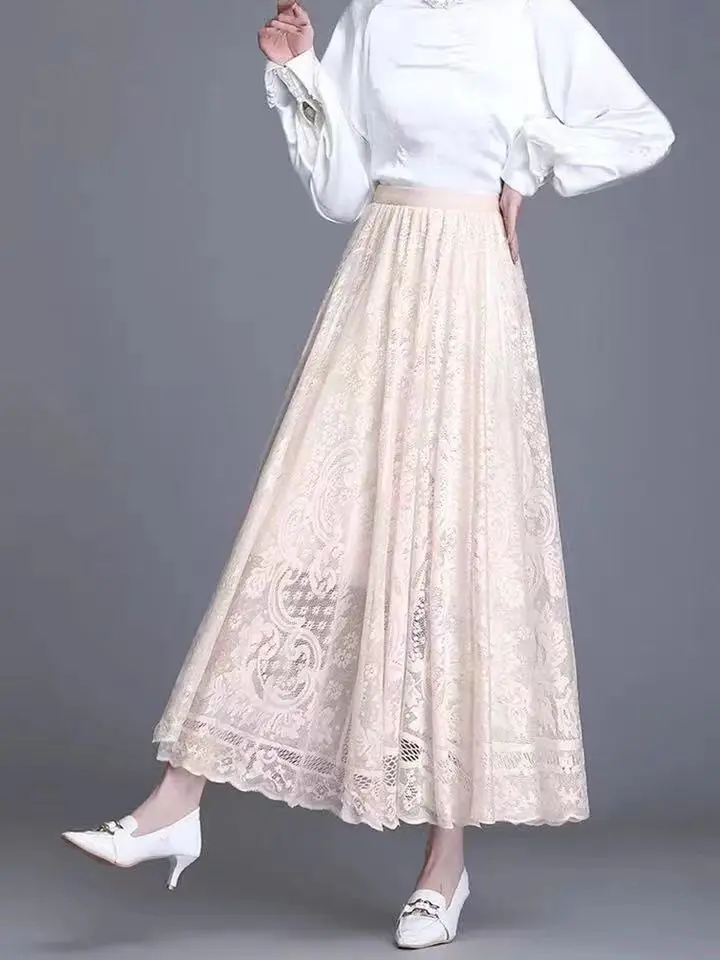 Plus Size Women Lace Skirt Women Niche Autumn New Mid-length Skirt with Large Hem Mesh and Empty Elegant Pleated Vintage Skirt 3