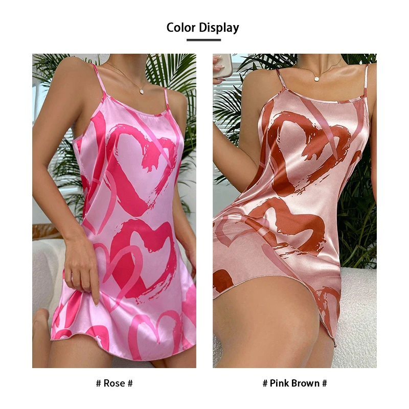 Heart Shaped Pattern Print Satin Nightgowns Casual Spaghetti Strap Night Dress Women's Sleepwear Loungewear Sexy Cami Nightdress