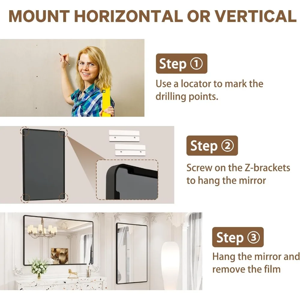 New Upgrade 55X36 Inch Wall Mounted Bathroom Mirror, Black Metal Frame Rounded Rectangle Mirror, Bathroom Vanity Mirror