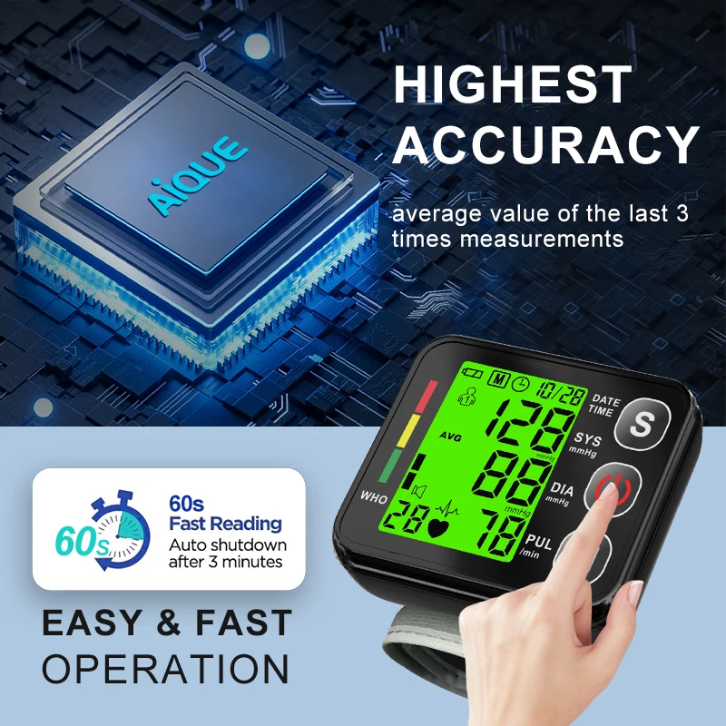 Backlit LCD Wrist blood pressure monitor 3Colors Digital Sphygmomanometer Heart Rate Arrhythmia Pulse BP Monitor