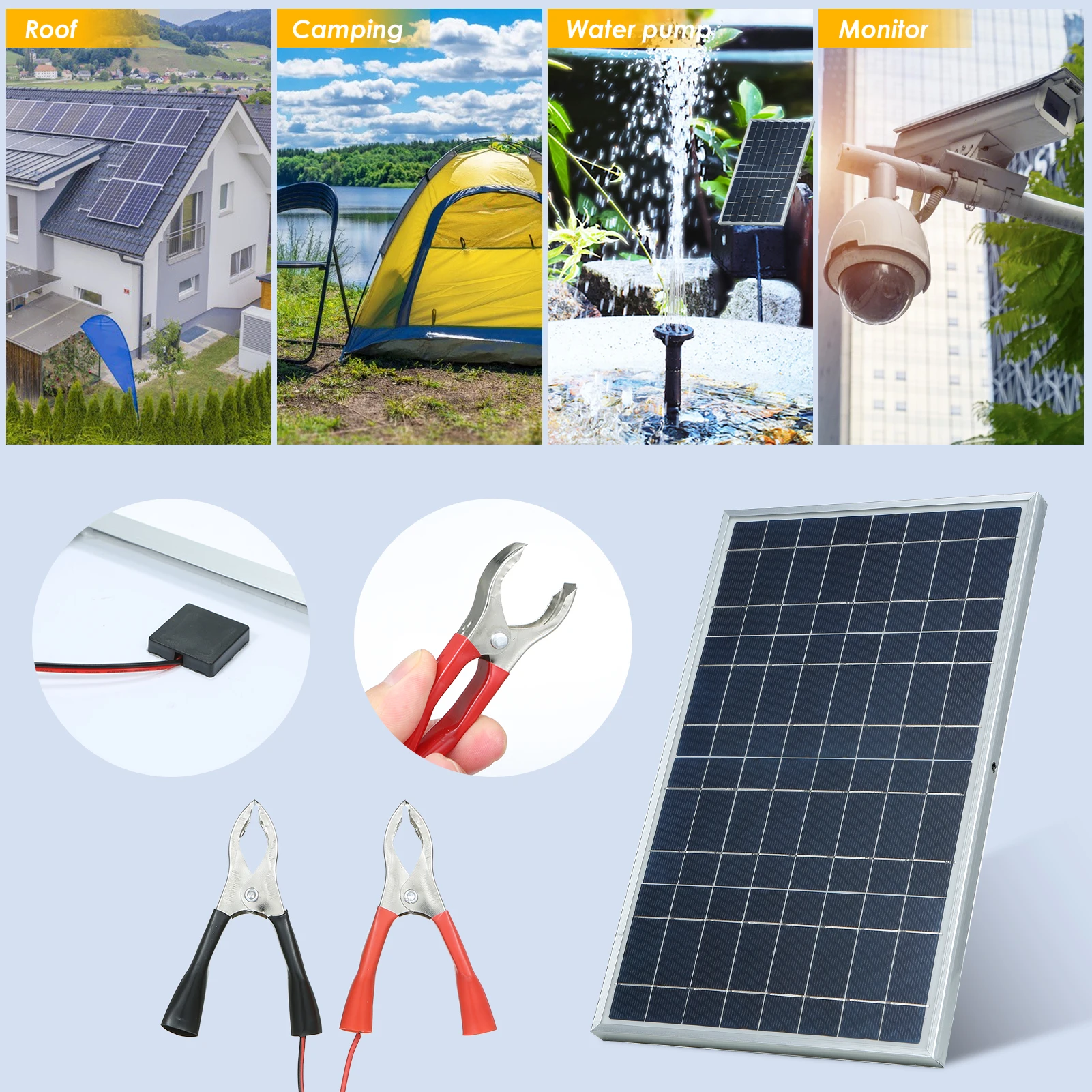 30W D C 12V/18V solární panel souprava sada s aligátor clip/ IP65 voda odolnost pro domácí halové outdoorové použít přenosné