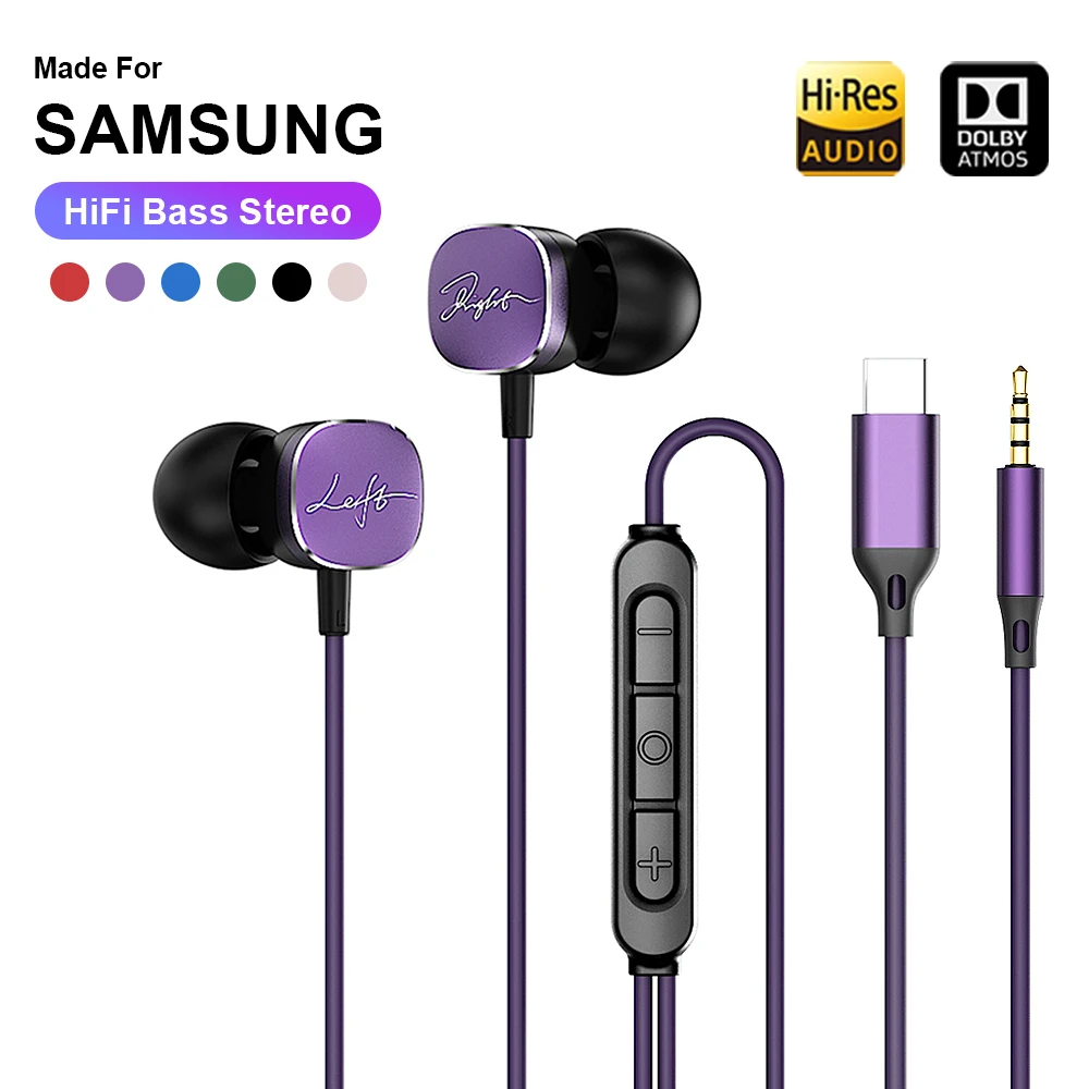 Type-C Wired Headphones For Samsung Galaxy S25 S24 S23 S22 HiFi Bass Stereo 3.5MM in-Ear Earphone A54 A34 Note 20 10 Accessories 1