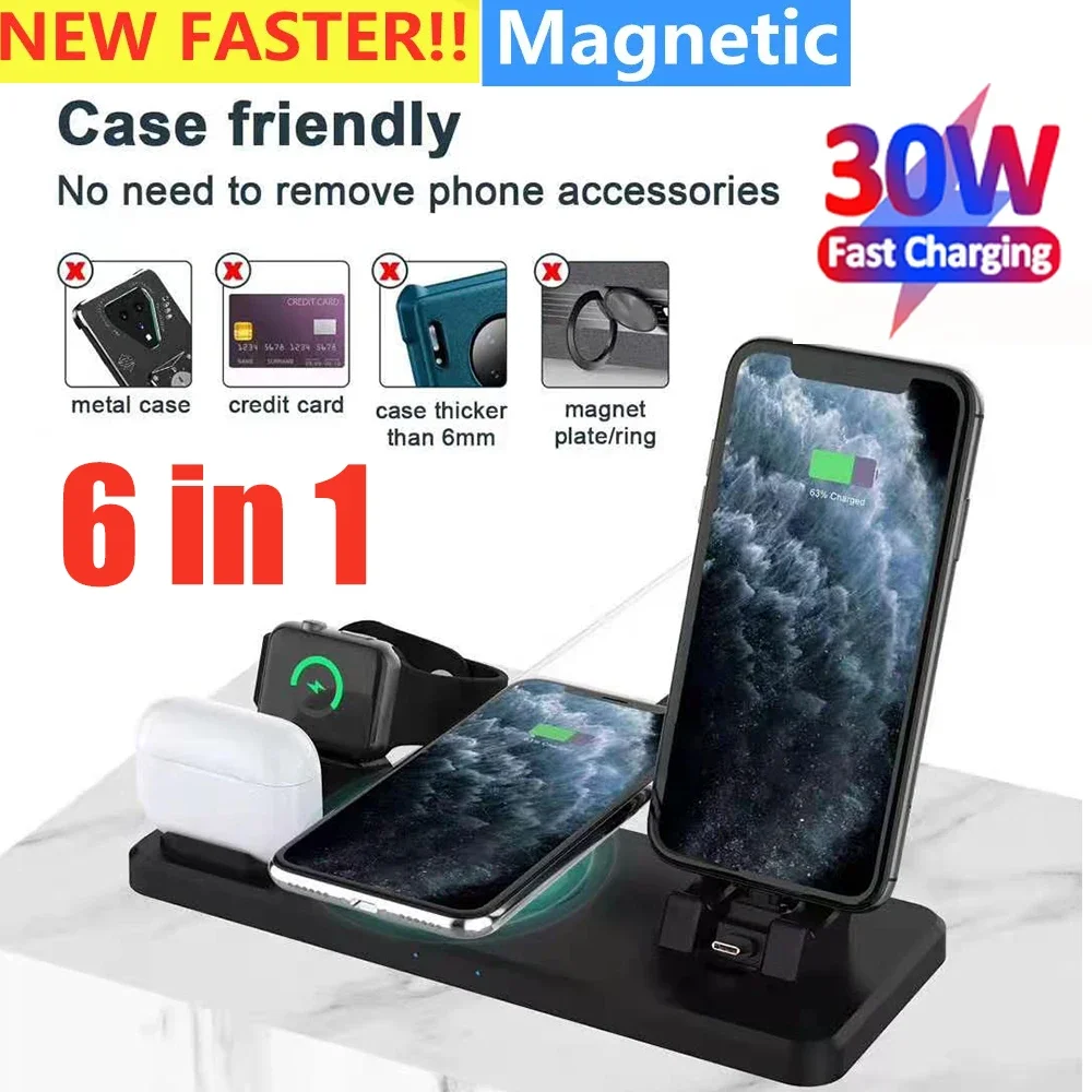 

6 in 1 15W Foldable Wireless Charging Station For iPhone 14 13 12 Pro Max Apple Watch 8/7/6 Samsung Galaxy 5/4/3 Fast Charger