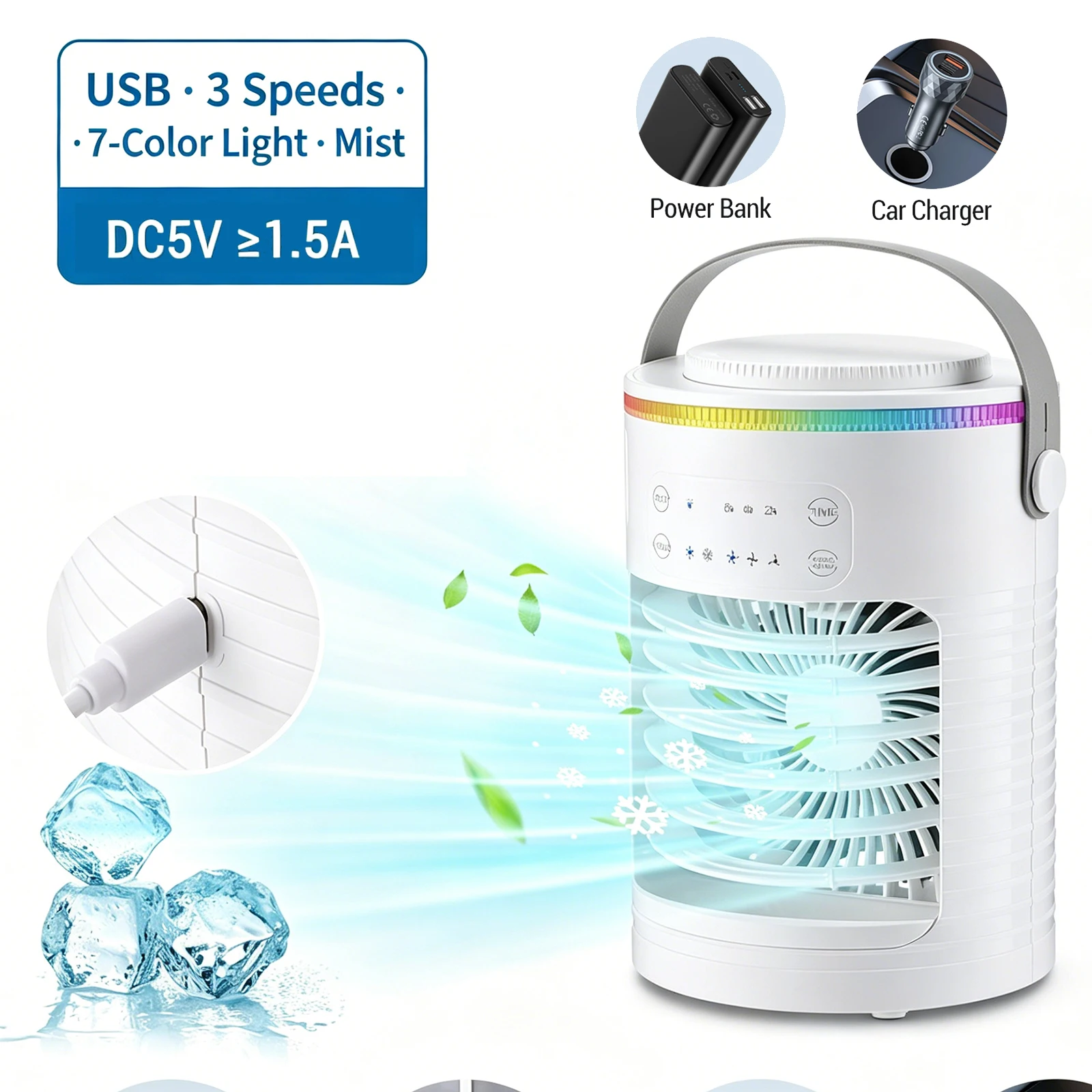 Refroidisseur d'Air Portable, Ventilateur Brumisateur Personnel USB à Évaporation avec 3 Vitesses, 3 Minuteries et Lumière 7 Couleurs pour Bureau et Chambre, Rechargeable, Silencieux, Mini Climatiseur de Table 1