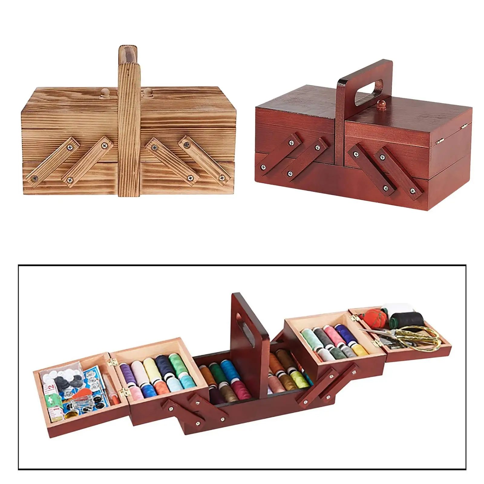 Portable Foldable Wooden Sewing Box Compartments Thread Stitching Sew Basket Organizer Jewelry Boxes Sewing Supplies Household sewing accessories sewing storage box sewing thread box crafts storage box