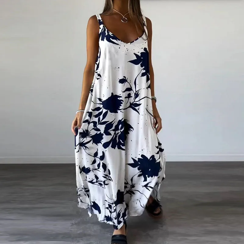 

Elegant Lady Off Shoulder Pleat Long Dress Sexy Elegant Floral Print Loose Female Dress 2024 Women Sleeveless Strap Beach Dress