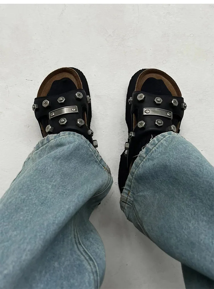 Niche Functional Sense Rivet One-Word Slippers Women's Summer Thick-Soled Leather Outerwear Half-Slippers Sandals Women's Shoes