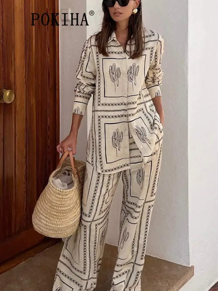 

KAAAZI Fashion Casual Prints 2023 Women Autumn Shirt Tops And Vintage Elastic Waisted Pants Chic Female Two Piece Sets Mujer New