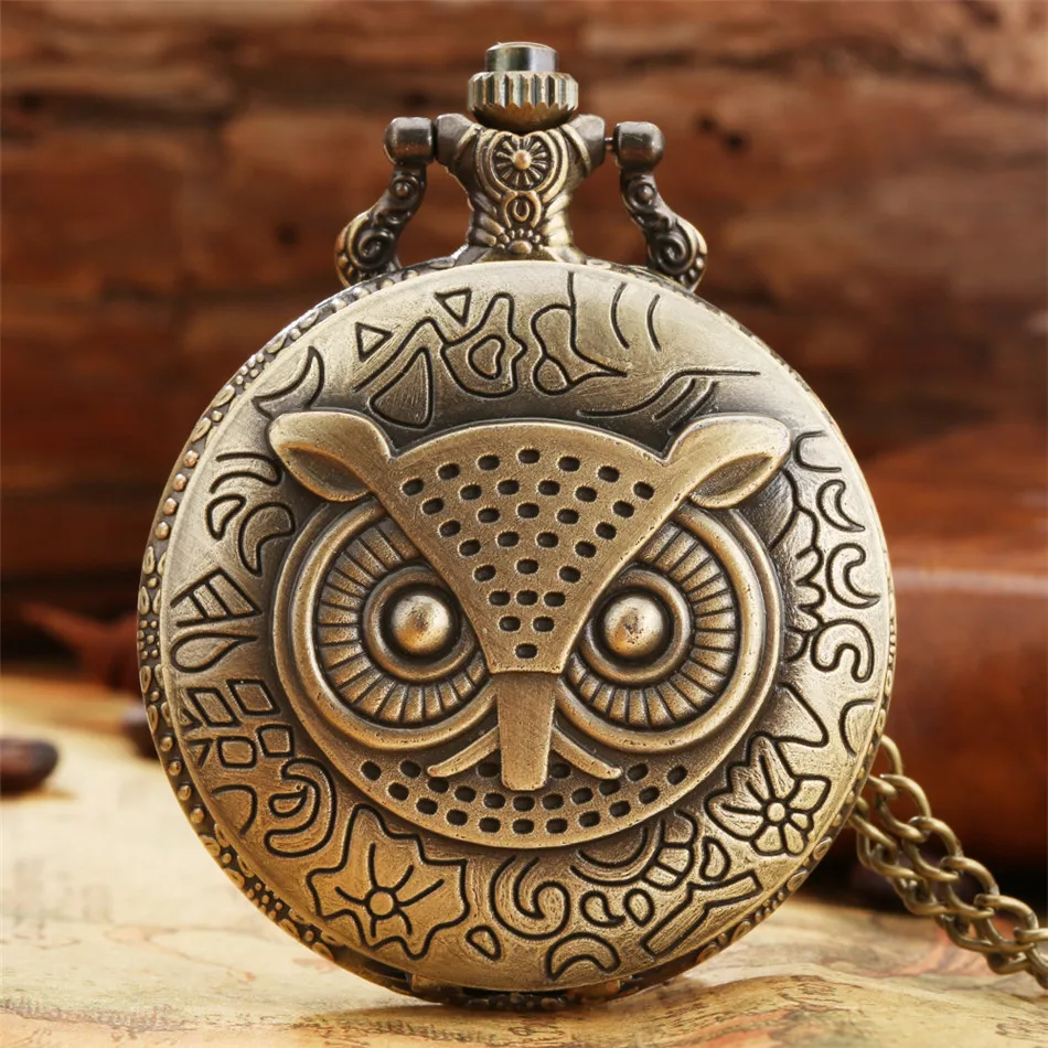 

Vintage Bronze Cute Owl Quartz Pocket Watch With Necklace Movement Gift Pendant Clock For Mlae Kids Relogio Saati