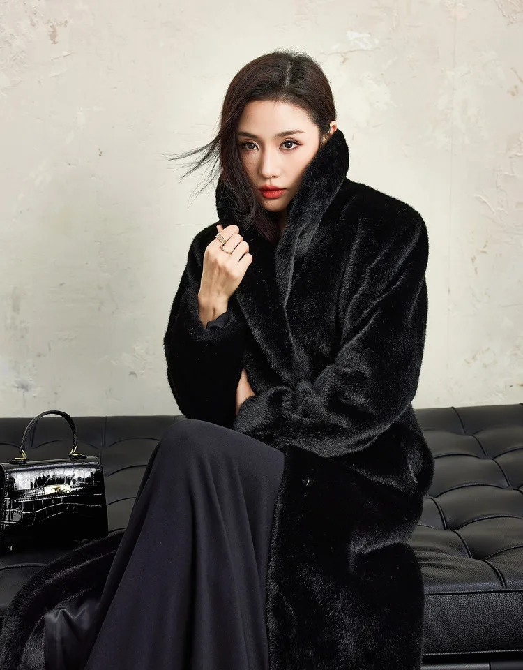 Lautaro Winter Extra Long Elegant Luxury Chic Thick Warm Soft Black Fluffy Faux  Fur Coat Women Shawl Collar Furry Overcoat 2025