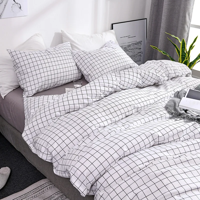 

Japanese Plaid Bedding Set White Soft Single Double Queen Size Duvet Cover Pillowcase No Sheet EU US Boys Girls Home Textile