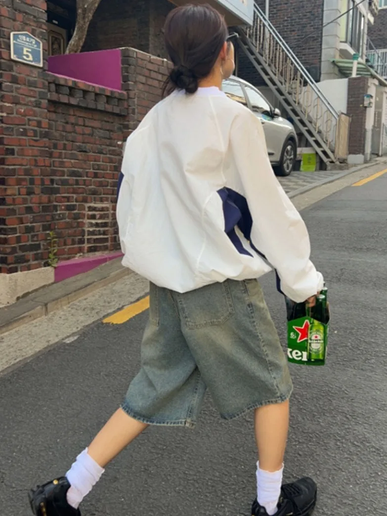 Tee-Color Autumnal ex Loose Long-Sve Nylon Sweatirt with Contrast Letter Print Commuter Sle Regular Fit Streetwear