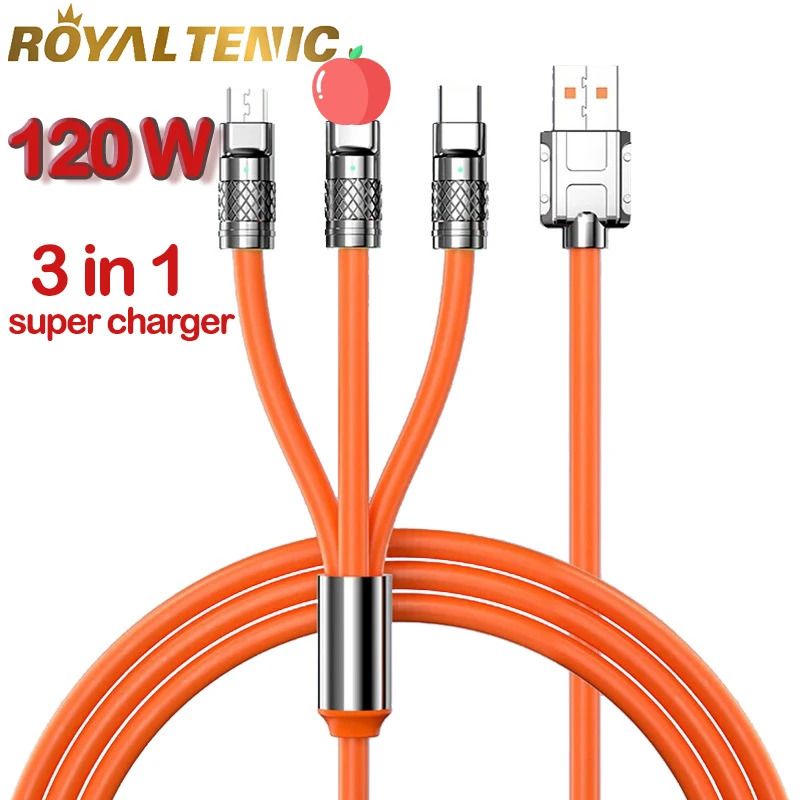 

120W 3-in-1 Super Fast Charging Cable 1.2m for Android Apple Type C - Zinc Alloy Liquid Silicone Data Cable Accessories