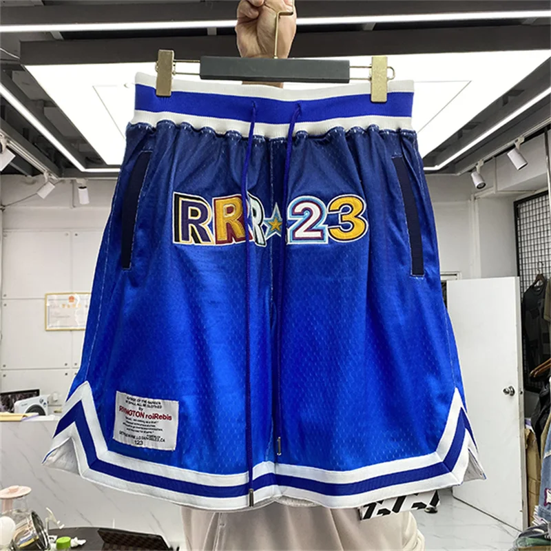 

Spring Summer 2023 New RRR123 Shorts Men Colorful Embroidery Double Layer Mesh Breathable Beach Breeches Male Basketball Shorts