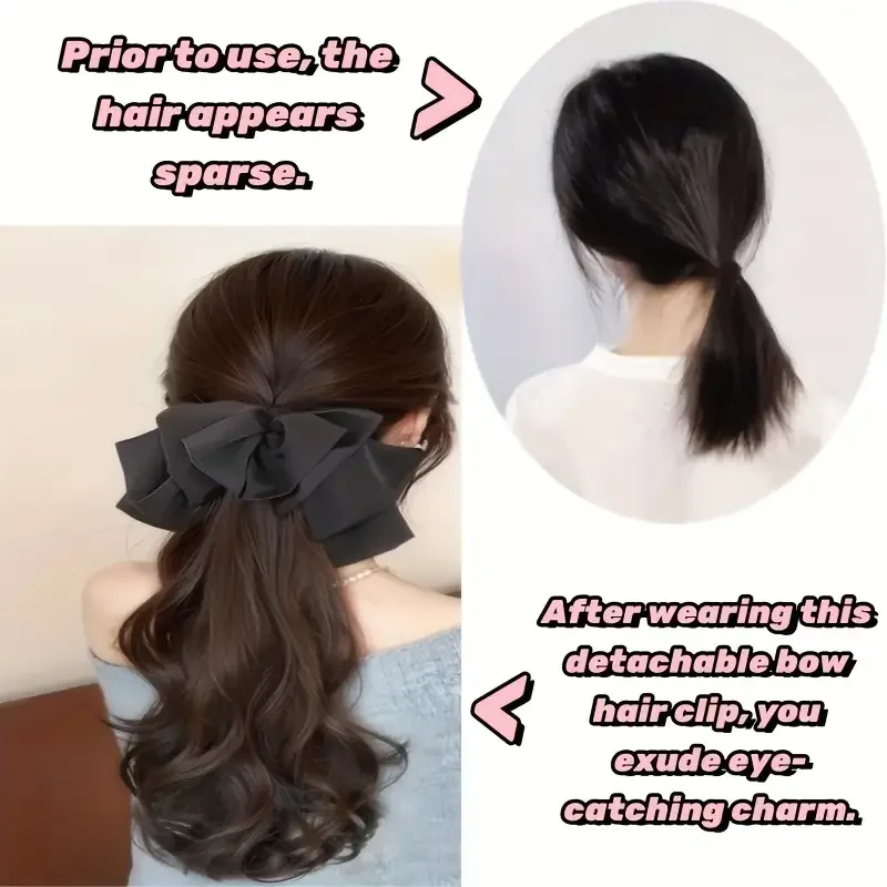 Long Wavy Synthetic Ponytail Extension With Free Big Bow Hair Clip Set Natural Look Heat Resistant Hairpiece For Christmas Party