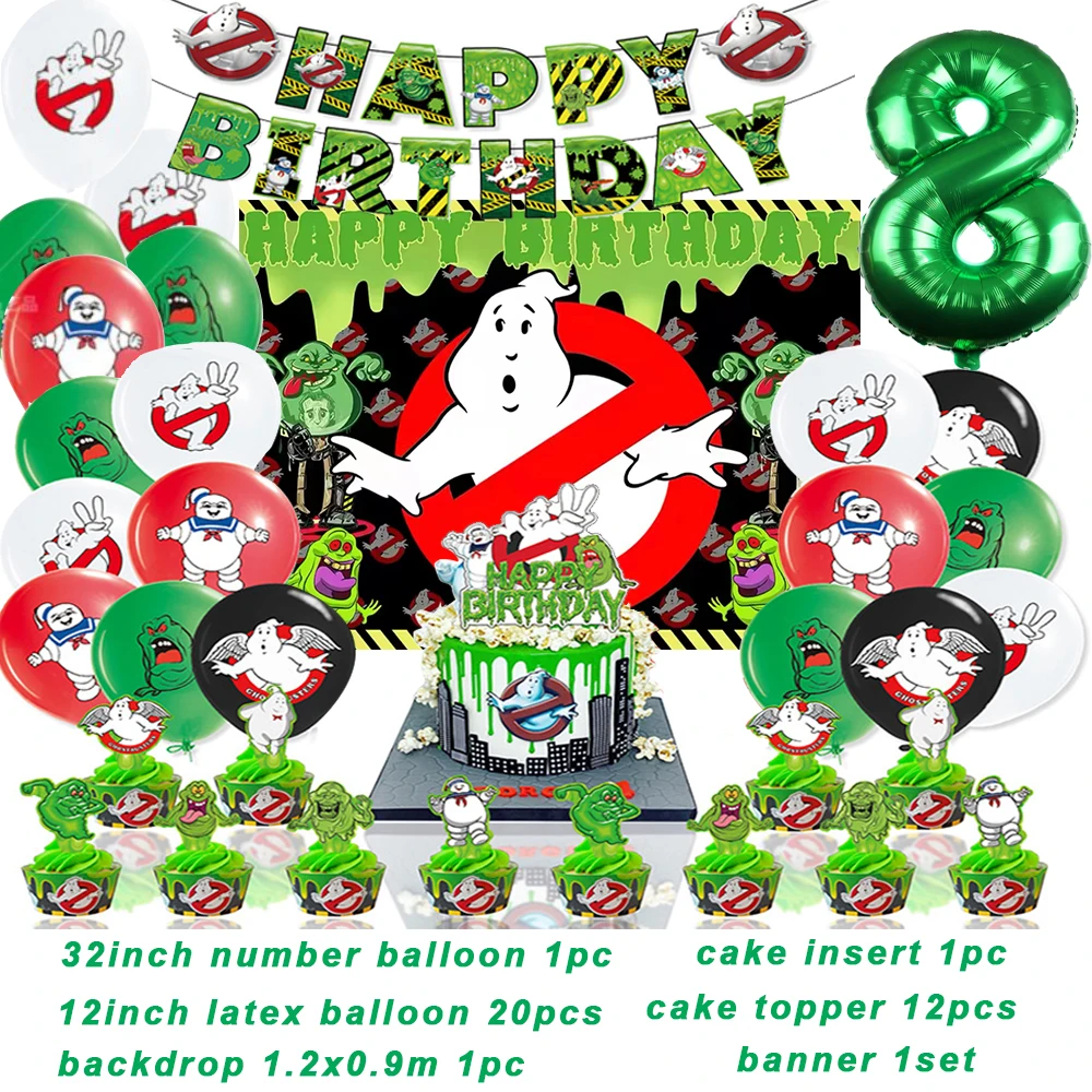 Cartoon Ghostbusters Thema Geburtstags feier liefert Jungen grünen Geist Ballon Banner Hintergrund Kuchen Topper Kinder Baby Dusche Geschenk – Detail 20