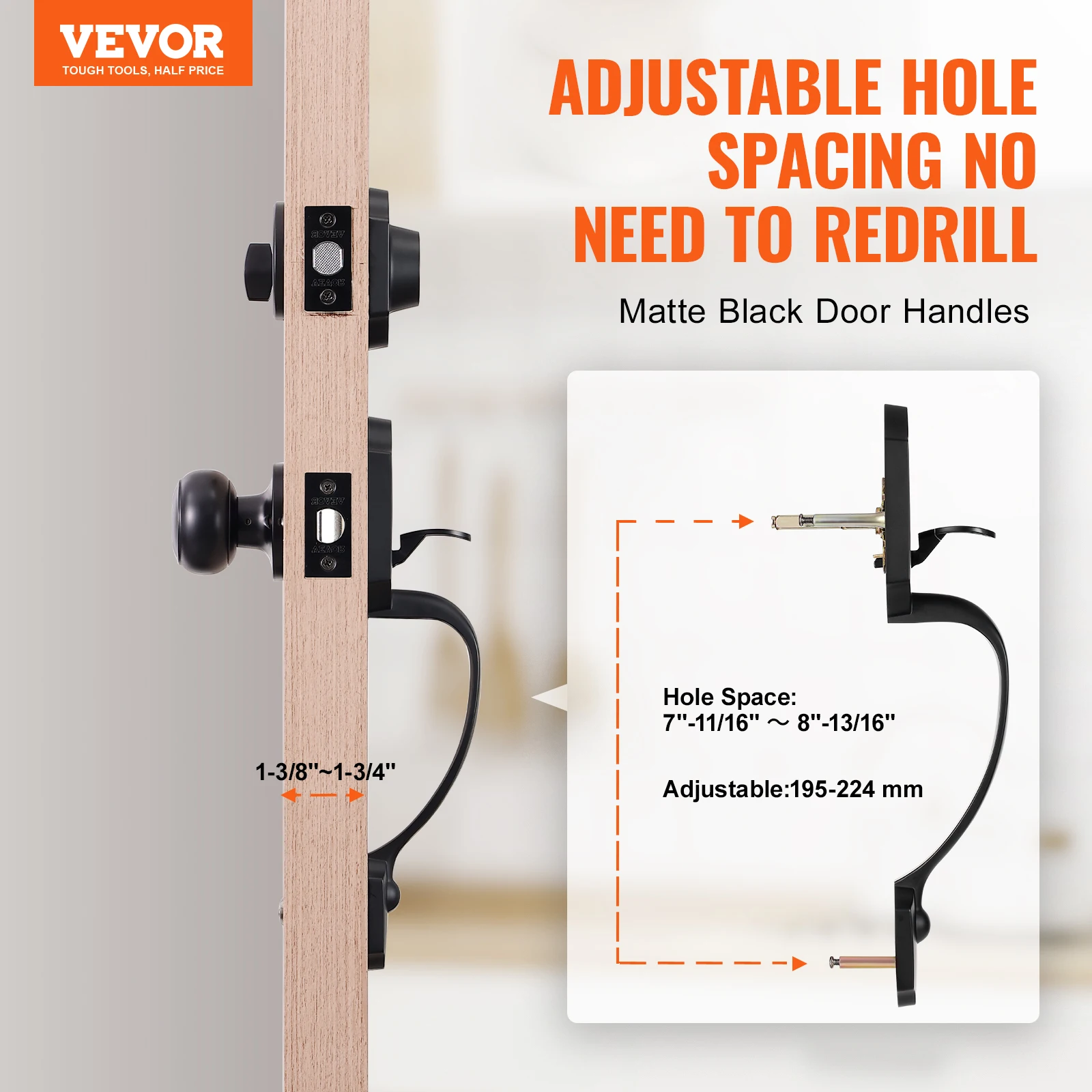 VEVOR Front Door Handle Deadbolt Set Front Door Lock Set with Interior Knob Adjustable Hole Spacing Single Cylinder Handleset