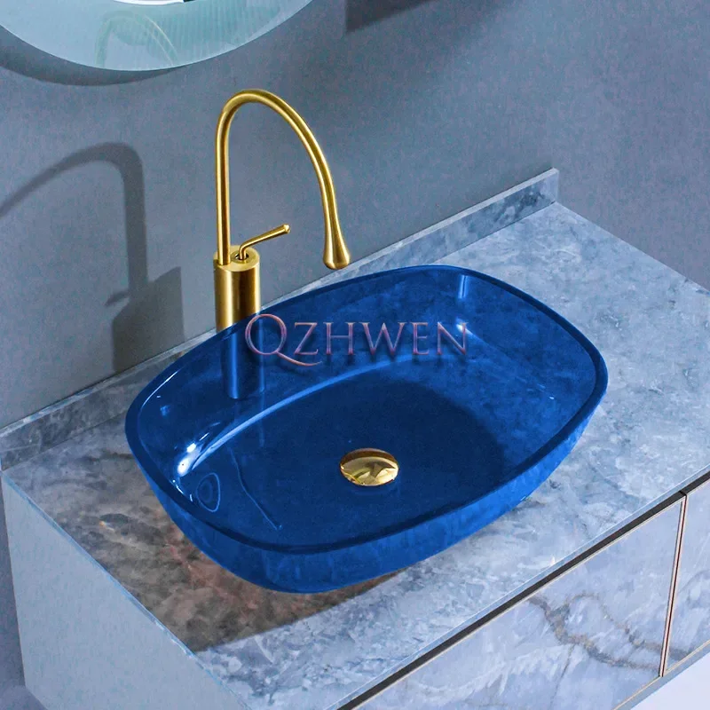 Transparent Blue Bathroom Sink Rectangular Glass Washbasin Simple Cabinet Vessel Countertop Basin with Faucet Set 540*410*110MM