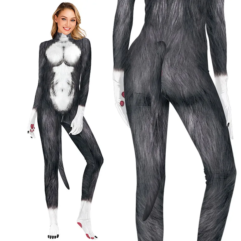 

Cosplay Women Wolf Sexy Bodysuits with Tail Fashion Slim Suit Cos Animals Open Crotch Zipper Clothing Halloween Clothes