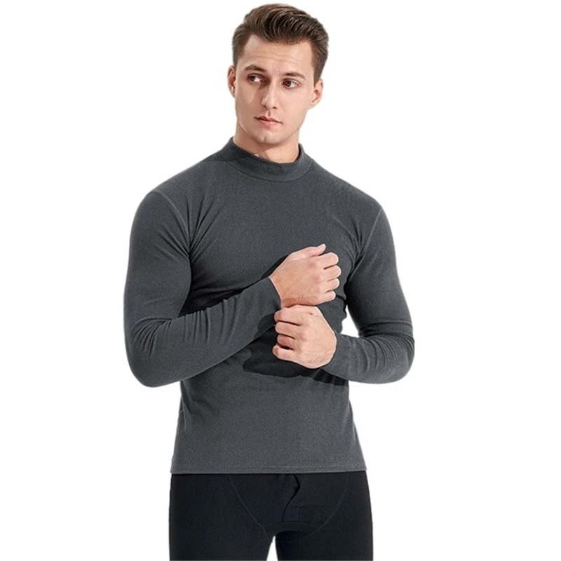 Thermal Underwear Men keep warm Undershirt Mock Neck Double Side Thin fleece Long Sleeve T shirt
