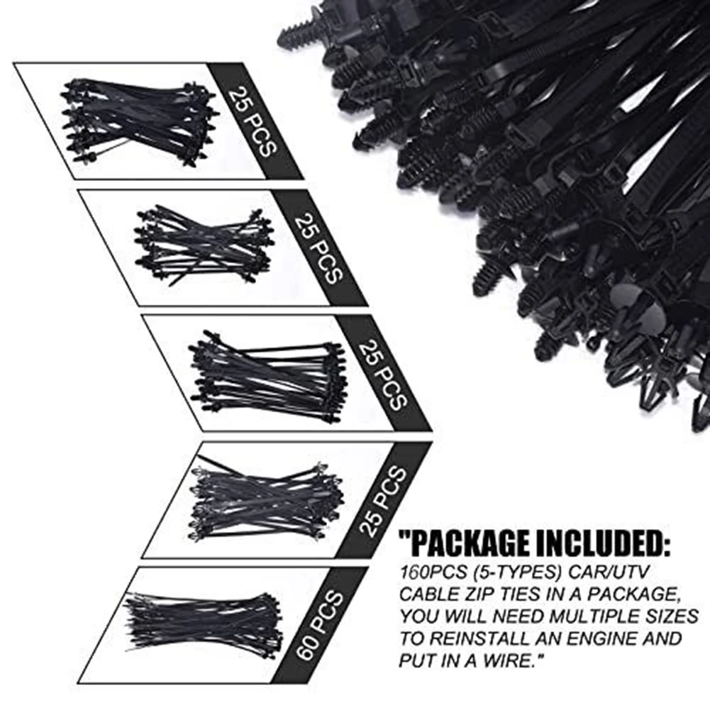 Car Cable Ties 160Pcs Car Universal Nylon Push Mount Cable Zip Ties Wrap Fixed Fastener Clips Mount Wire Self Locking Wire Strap Fastening Zip