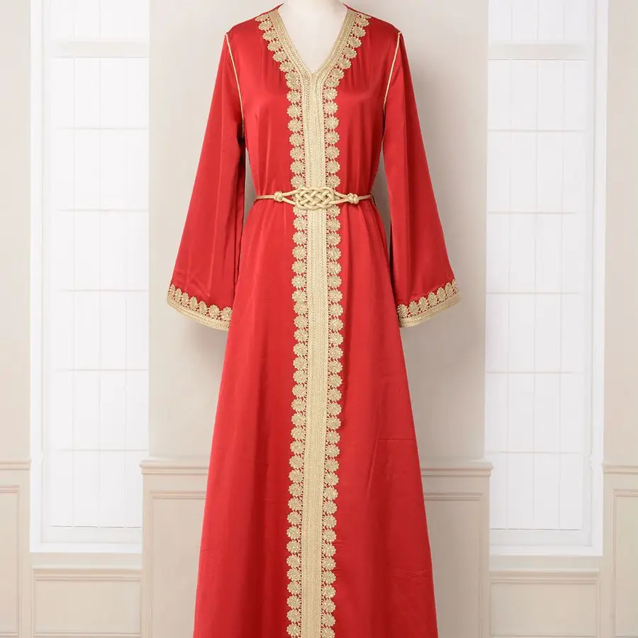 Women Dress Arabic Robe Gold Embroidered Lace Fashion