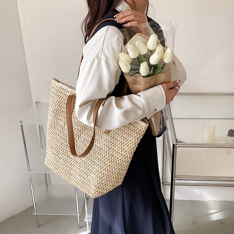 Summer Woven Shoulder Bag Women Beach Shoulder Bag Female Straw Knitted Handmade Large Capacity Handbag Purse Travel Tote Bags