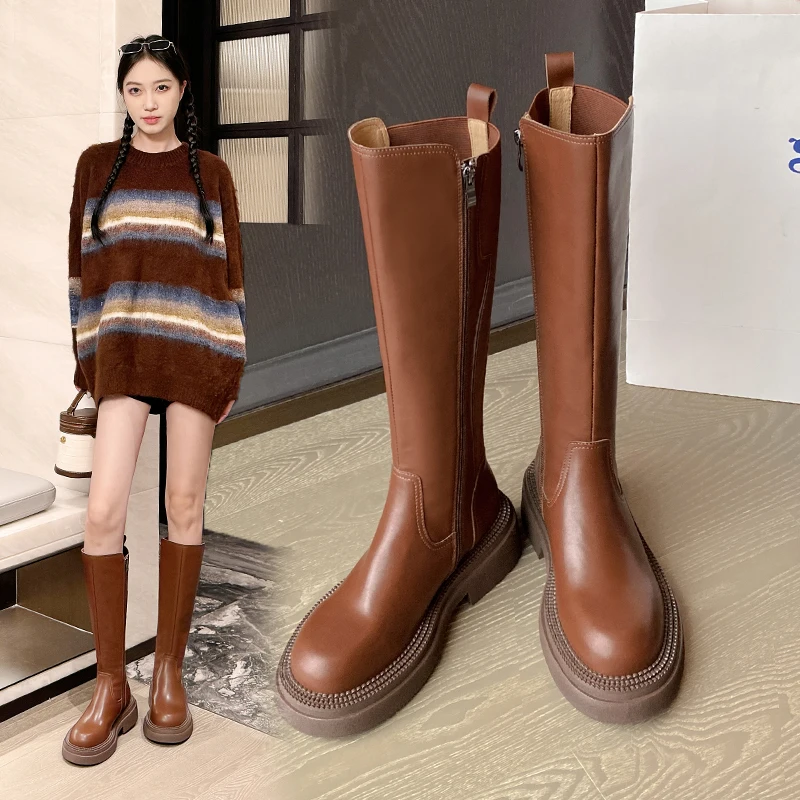 

Brown long boots for women in autumn and winter 2023 new genuine leather thick soled long boots knight boots thick legs Knee-Hig
