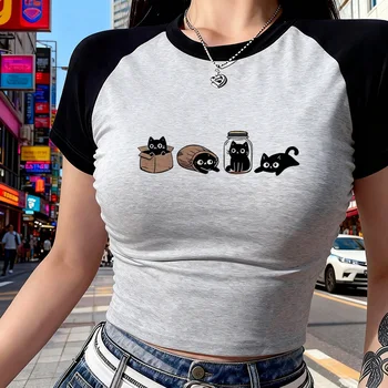 Women's Y2K CropTops Sexy Short Sleeve T-Shirt 90s Summer Cropped T Shirt with Four Black Cats in Different Poses Print Clothes 1