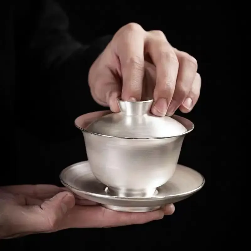 Master Hand Relief Sancai Bowl 3.3 Inches 999 Sterling Silver Covered Household Gifts High-end Tea Sets Gilt Gaiwan Supplies Bar