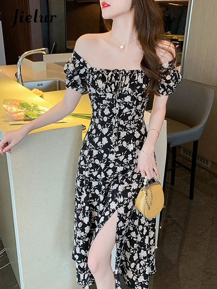 

Jielur Black Floral Dress Women Summer New Korean Retro Lady Square Neck Dress Fashion High Waist Puff Sleeve A-line Dresses