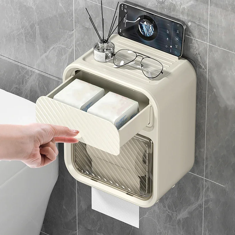 Toilet Paper Holder Multifunctional Double Layer Wall Mounted Punch-Free Waterproof Bathroom Tissue Storage Box with Drawer