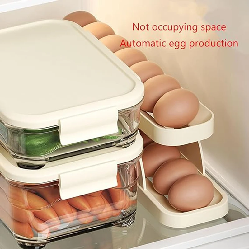 

Диспенсер для яиц для холодильника, автоматический вращающийся контейнер для хранения яиц, экономия места, прочный лоток для яиц для холодильника