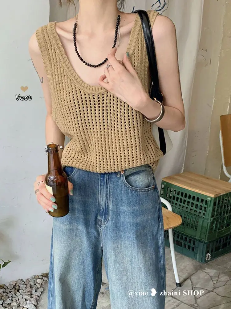 Hollow Out Tank Top White Aesthetic Loose Camisole Summer Vacation Knit  Women Korean Fashion Free Shipping - AliExpress