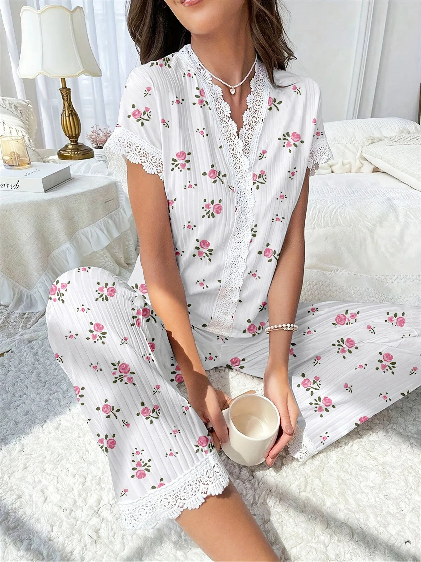 New Cute Ribbed Knit Pajama Set Womens Cherry Print V Neck Short Sleeve Top and Pants Two Piece Sleepwear Lace Trim Homewear Set