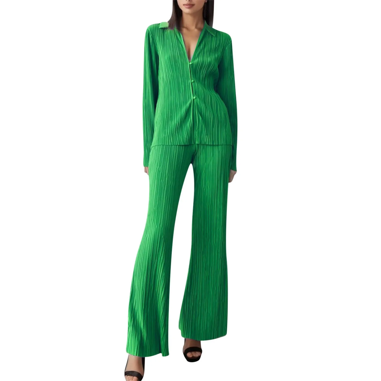 Ležérní sloh celistvý barva plisované kalhot obleků Y2K ženy dvoudílná dlouhé rukáv knoflík shodit kosile a přímo noha kalhoty sada