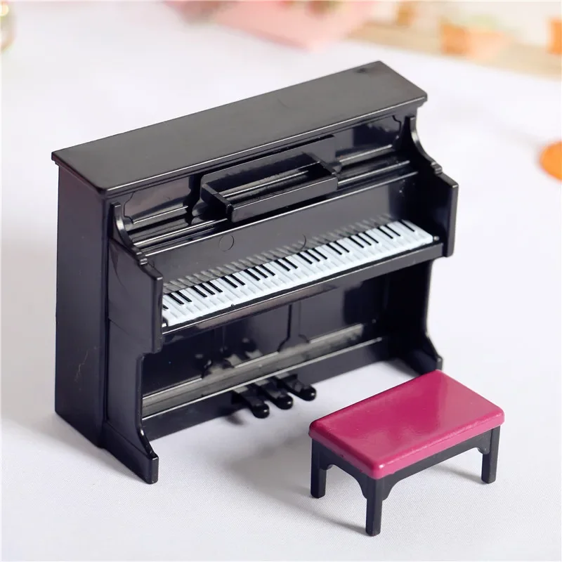 Miniature Piano Set 1/12 Dollhouse Mini Musical Piano with Stool Score Instrument Model for Kids Gift Home Decoration