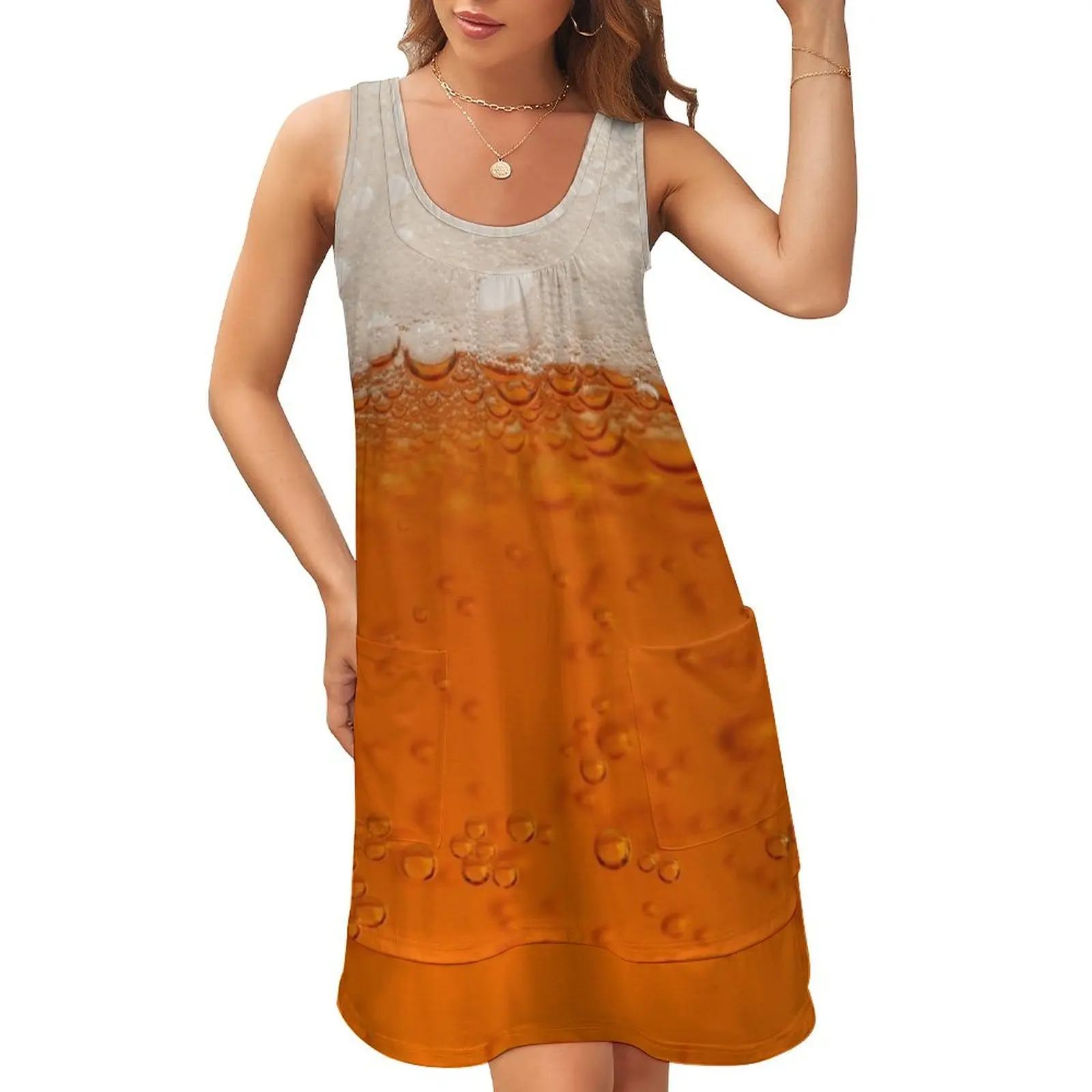 

Beer With Foam And Bubbles Photography Sleeveless U-Neck Fake Two Piece Dress womens clothing