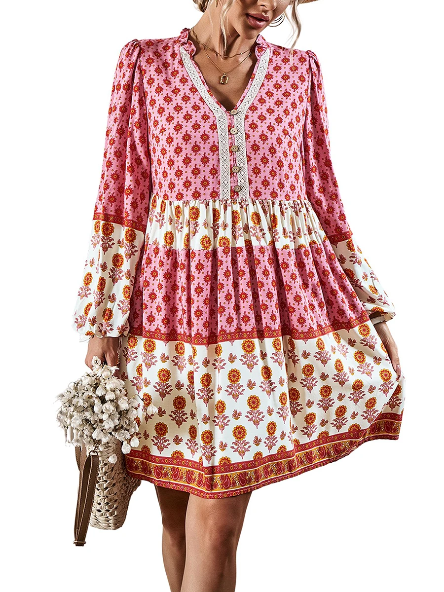 

Женское Летнее цветочное мини-платье CHQCDarlys в стиле бохо, свободное Повседневное платье-трапеция в стиле ретро с длинными рукавами-фонариками, V-образным вырезом и пуговицами спереди