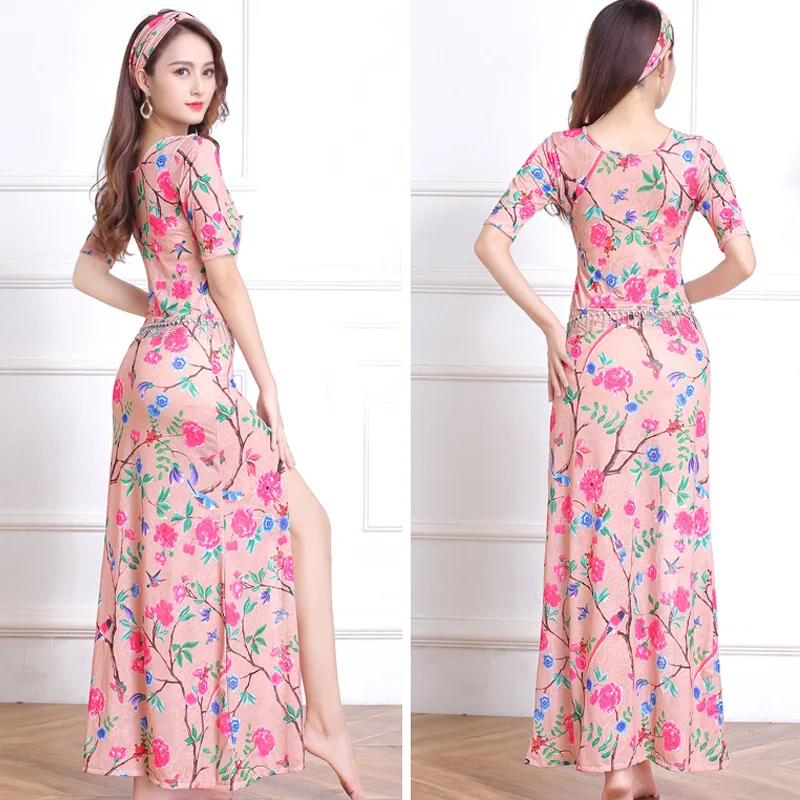 

Belly Dance Long Dress Practice Clothes Luxury Fashion Modern Floral Printing Sexy Woman Pink Dance Costume Danse Comtemporaine