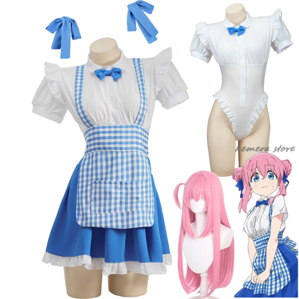 

Anime Bocchi The Rock! Gotoh Hitori Cosplay Costume Blue Lattice Maid Dress Fitting Jumpsuits Woman Sexy Kawaii Halloween Suit