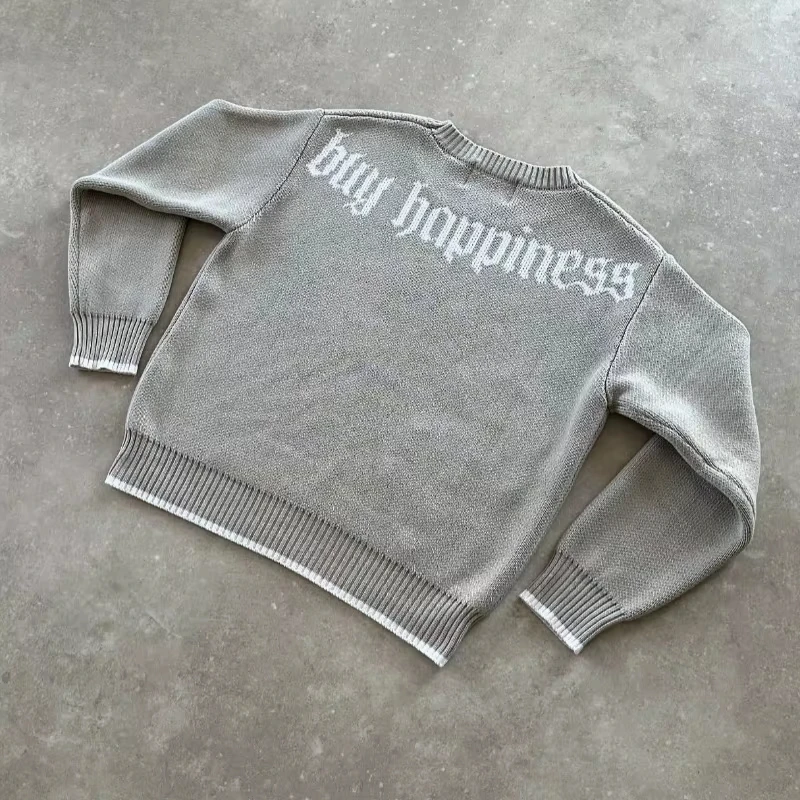 Y2K Gray Dollar Knitted Sweater Goth New Popular Symbol Pattern Retro Harajuku Pullover Top Winter Warm Boxy Men Clothing Unisex