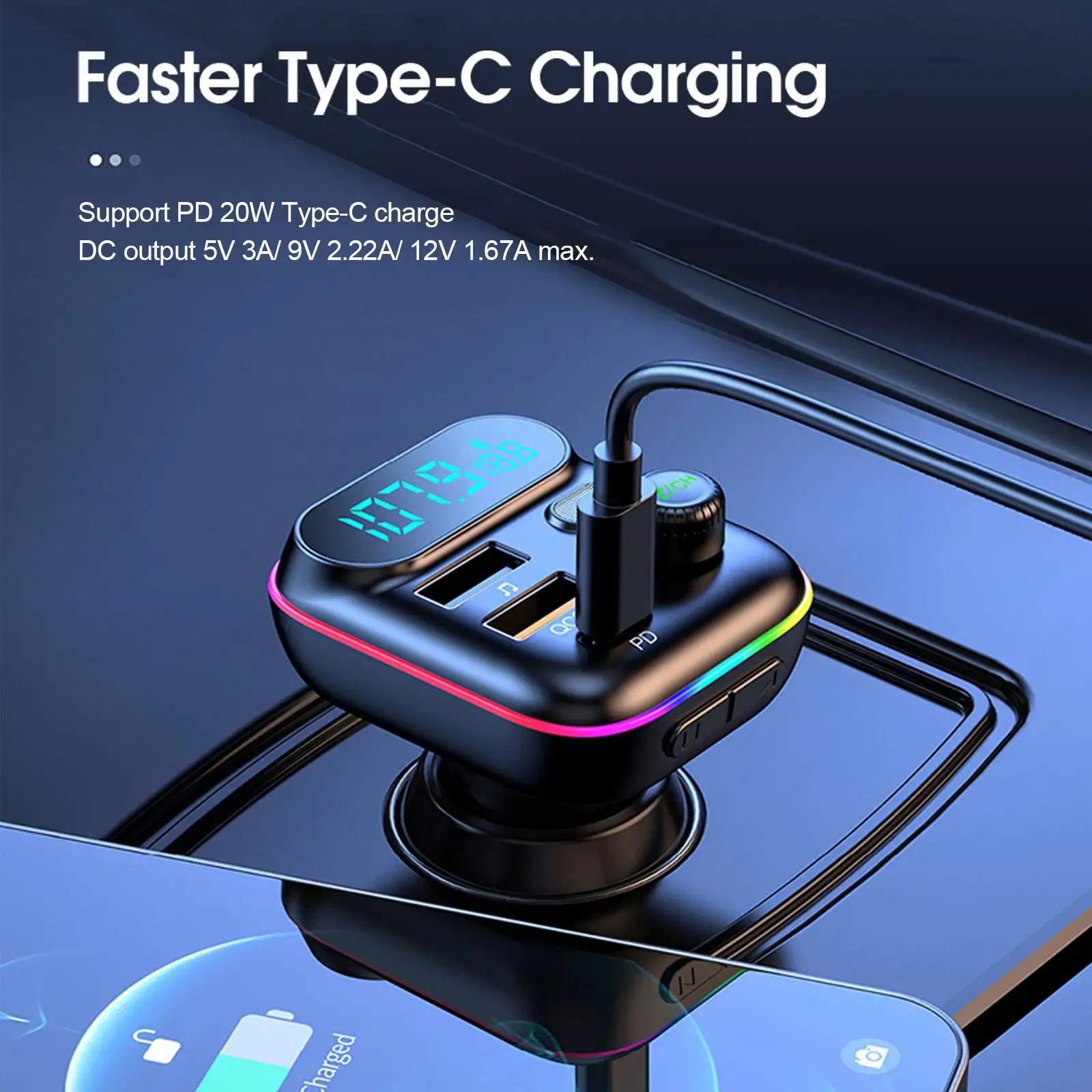 

Car Bluetooth 5.0 FM Transmitter PD 20W Type-C QC3.0 USB Atmosphere Colorful Light Music MP3 Player Lossless Dual Charger D6T8