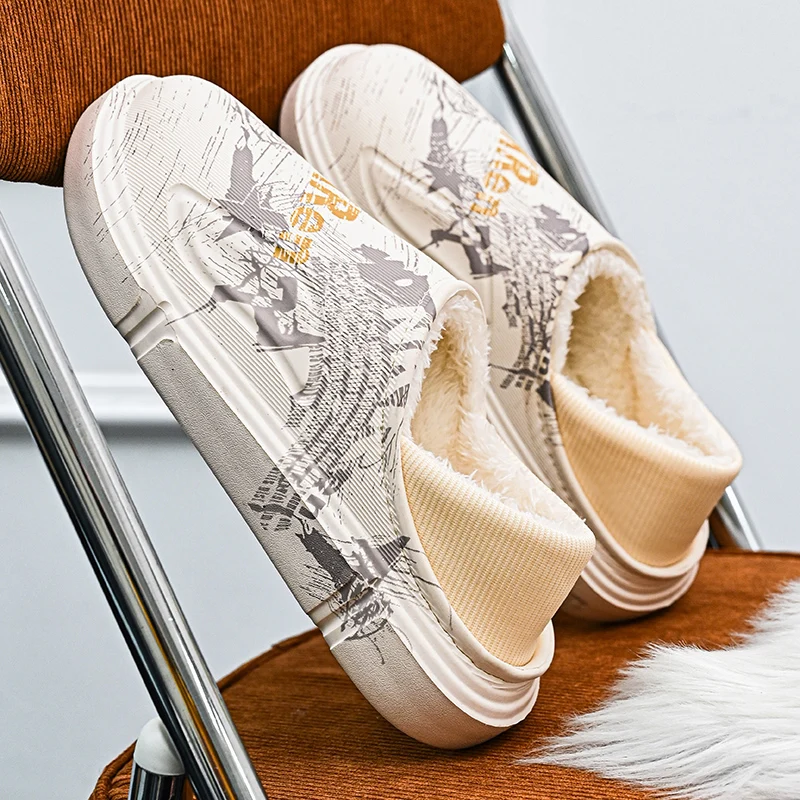 Unisex Winter Warm Cotton Slippers Non-Slip Waterproof Indoor Outdoor Plush House Shoes for Home Comfort  Increase size 46 47